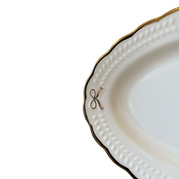 BELLA LUX Gold Bow Coquette Oval Serving Platter 14x8 White Ceramic NEW - Picture 10 of 10